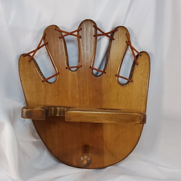 Wooden Baseball Glove Shaped Bat and Ball Holder Display Rack With Peg - Picture 2 of 10